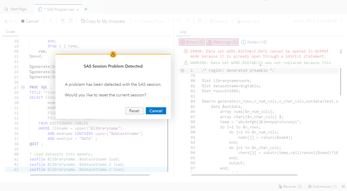 SAS Session Problem Detected