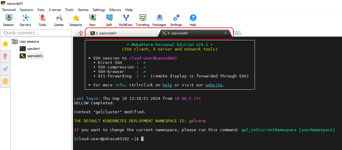 Two tabs to sasnode01 open in MobaXterm